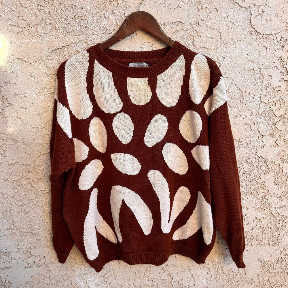 Vintage 90s Esprit Collection Abstract Art Knit Sweater Brown Cream Size M